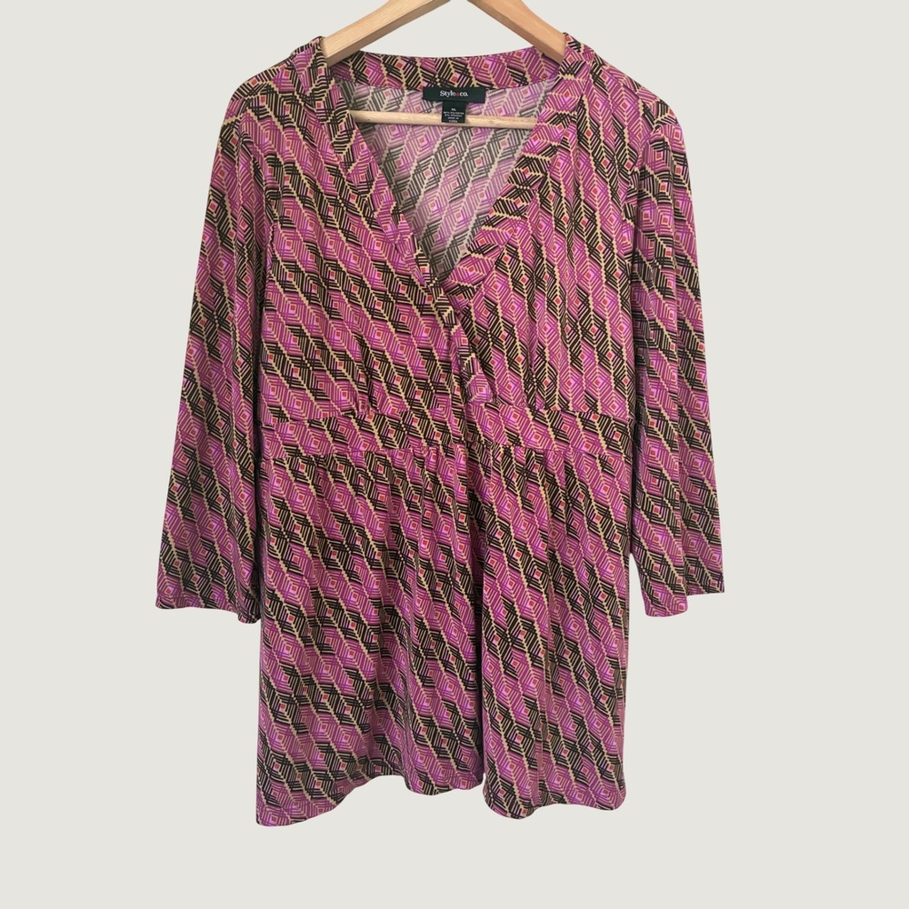 Style & Co Y2K XL Pink Geometric Babydoll Tunic Top V-Neck 3/4 Sleeve Grunge